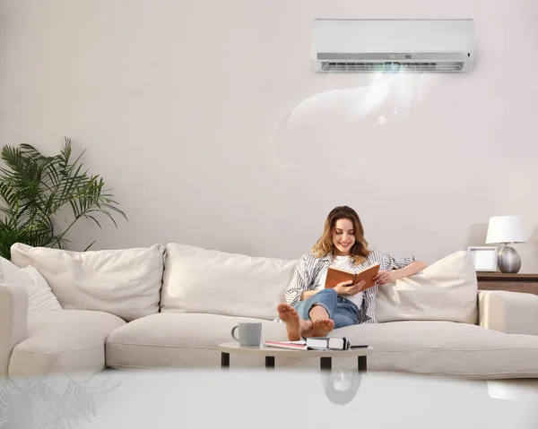 Young Woman Resting Air Conditioner White Wall Home — Foto de Stock
