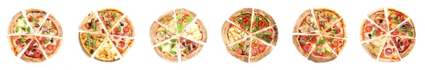 Set Slices Different Tasty Pizzas White Background Top View Banner — Zdjęcie stockowe