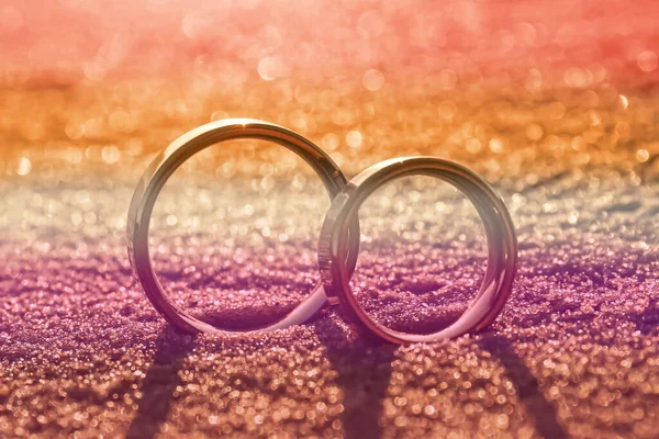 Double Exposure Lesbian Flag Wedding Rings Sandy Beach Closeup — Stockfoto