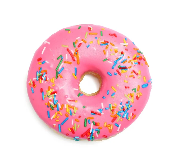 Sweet Delicious Glazed Donut Decorated Sprinkles White Background Top View — Fotografia de Stock
