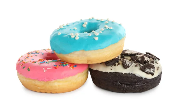 Zoete Smakelijke Geglazuurde Donuts Witte Achtergrond — Stockfoto