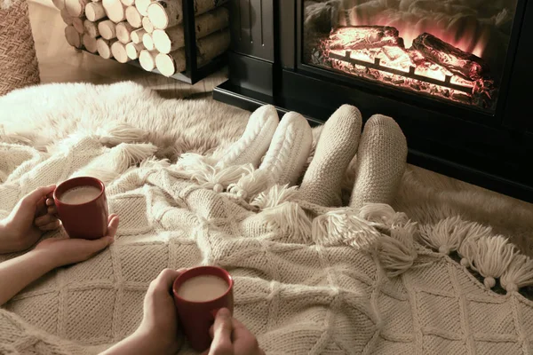 Couple Knitted Socks Fireplace Home Closeup — Stock Photo, Image