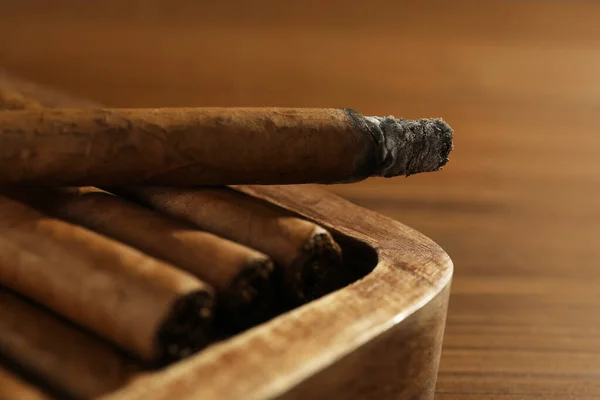 Many Cigars Box Wooden Table Closeup — Stock Photo, Image