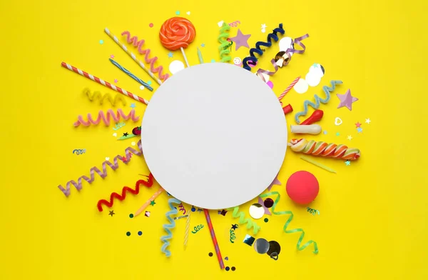 Flat Lay Composition Blank Card Different Party Accessories Yellow Background —  Fotos de Stock