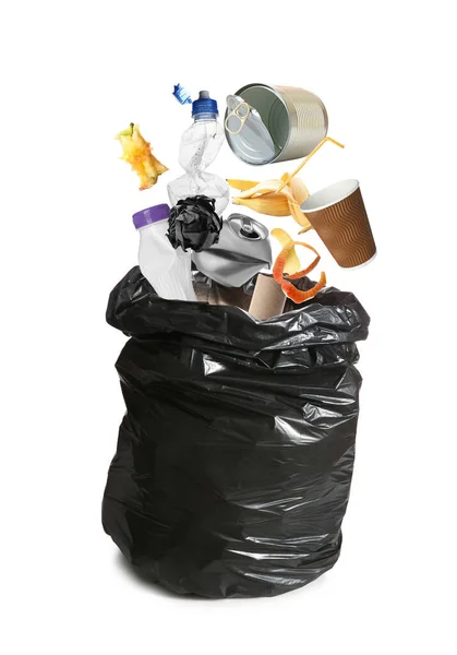 Different Garbage Falling Trash Bag White Background — Photo