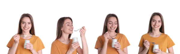 Collage Met Foto Van Jonge Mooie Vrouw Met Lekkere Yoghurt — Stockfoto