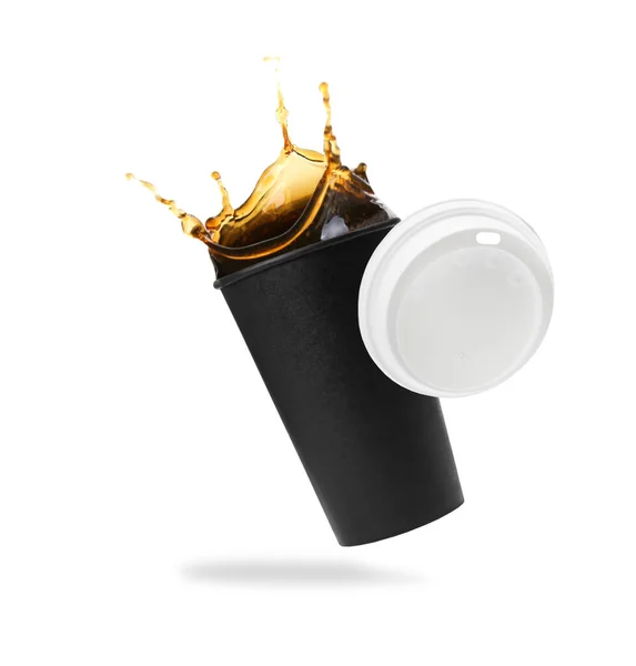 Takeaway Paper Cup Splashing Coffee Plastic Lid White Background — Stockfoto