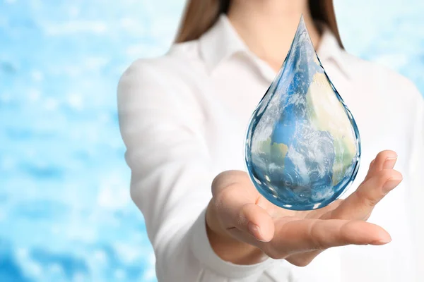 World Water Day Woman Holding Icon Drop Earth Image Blurred — Fotografia de Stock