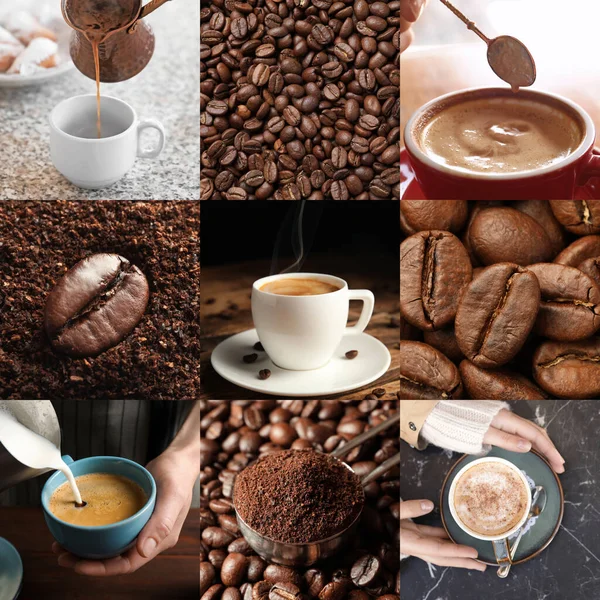 Bellissimo Collage Con Diverse Foto Caffè Aromatico Fagioli — Foto Stock