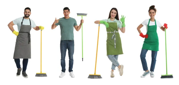 Collage Photos Happy People Brooms White Background Banner Design — стоковое фото