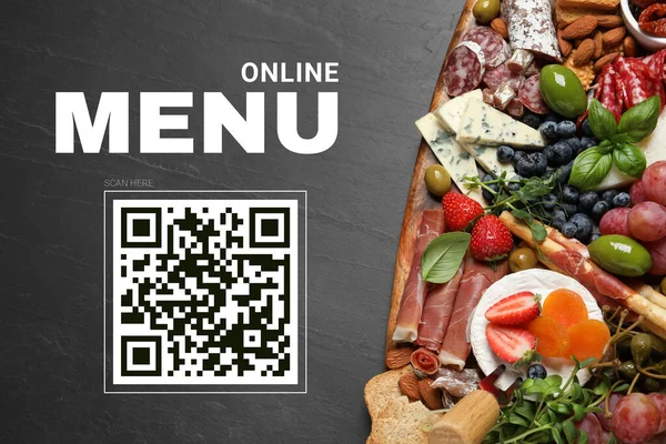 Scan QR code for contactless menu. Set of different delicious appetizers on black table, top view