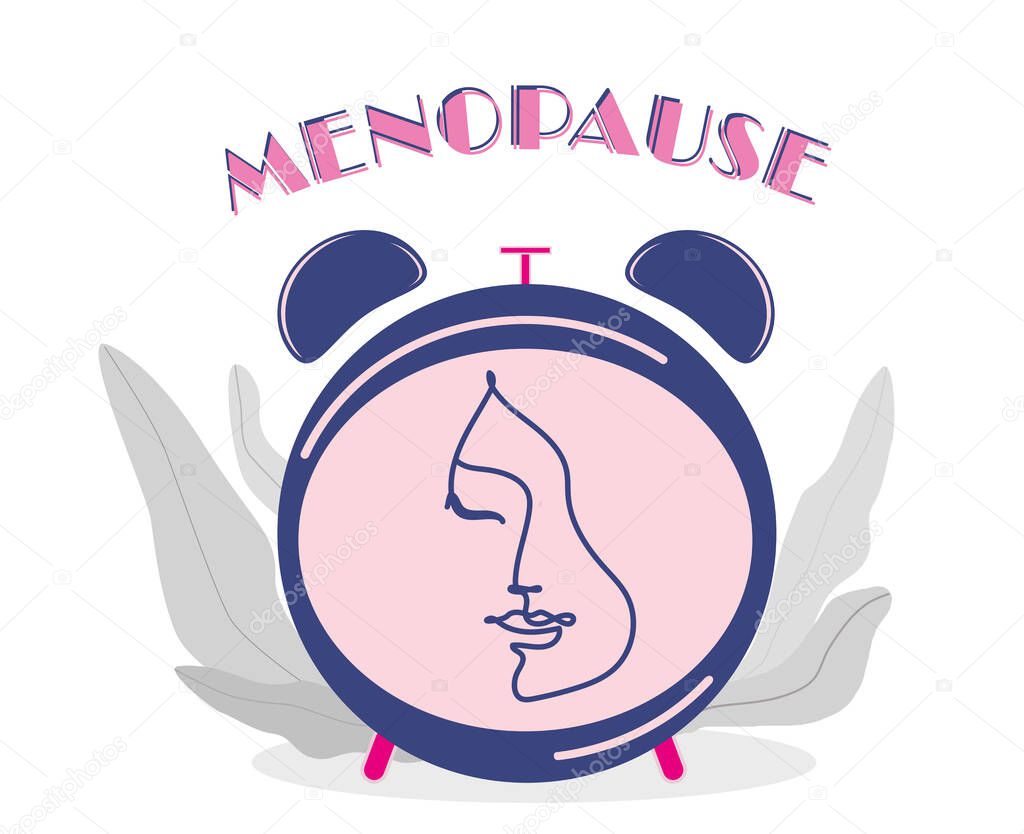 Concept of impending menopause. Alarm clock and woman on white background, illustration