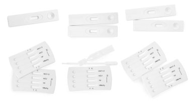 Beyaz arkaplan üzerinde hepatit için tek kullanımlık ekspres test ile ayarlayın, üst görünüm