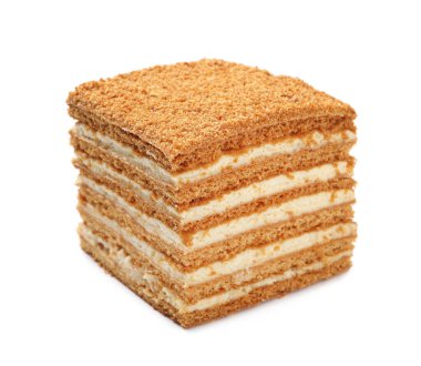 Beyaz üzerine izole edilmiş lezzetli katmanlı ballı kek.