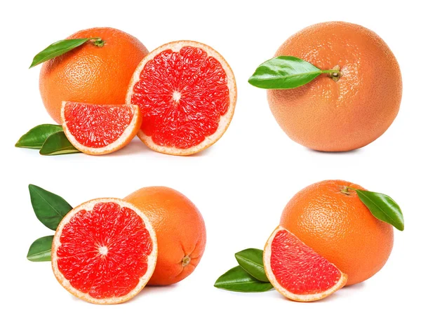 Beyaz arka planda olgun sulu greyfurtlarla kurulmuş.