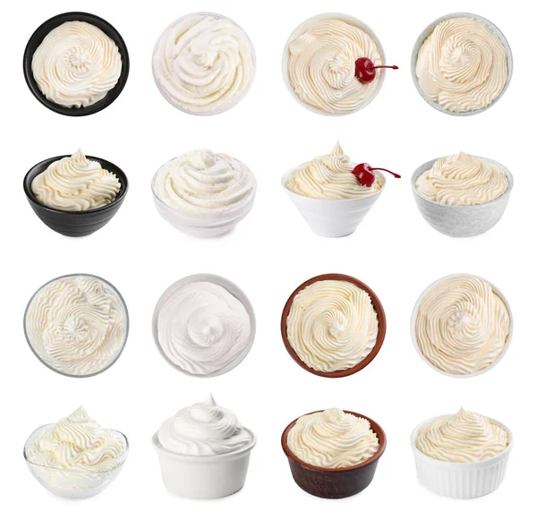 Set Delicious Fresh Whipped Cream White Background — Stock Photo, Image