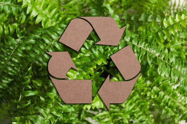 Recycling Symbool Gesneden Uit Kraftpapier Verse Groene Bladeren Achtergrond — Stockfoto