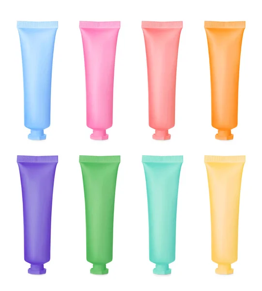 Set Color Tubes Cosmetic Products White Background — Stok fotoğraf