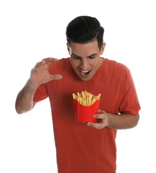 Hungrig Man Med Pommes Frites Vit Bakgrund — Stockfoto