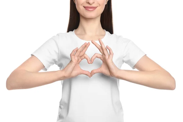 Happy Woman Showing Heart White Background Closeup — Foto de Stock