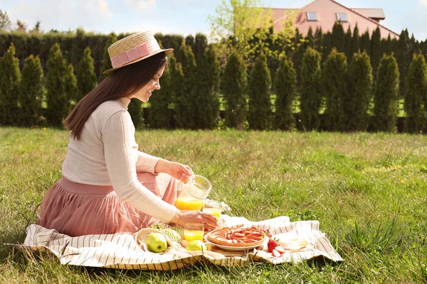 Young Woman Having Picnic Outdoors Summer Day — Stock Fotó