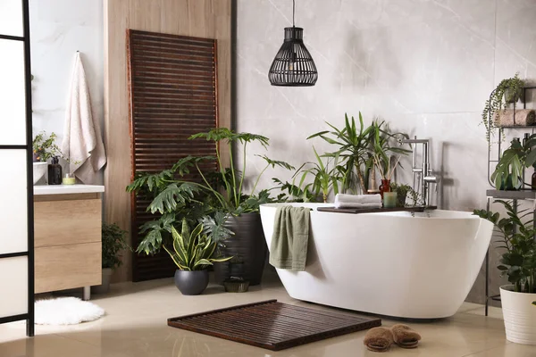 Modern White Tub Beautiful Green Houseplants Bathroom Interior Design — Stock Photo, Image