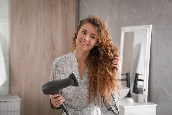 Beautiful Woman Using Hair Dryer Bathroom — Stock Photo, Image