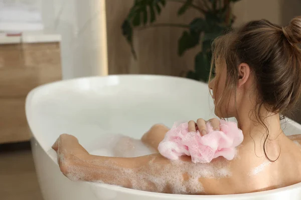 Beautiful Woman Mesh Pouf Taking Bath Indoors Space Text — ストック写真