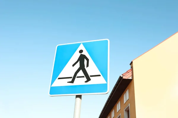 Traffic Sign Pedestrian Crossing Blue Sky Low Angle View — Stock Fotó