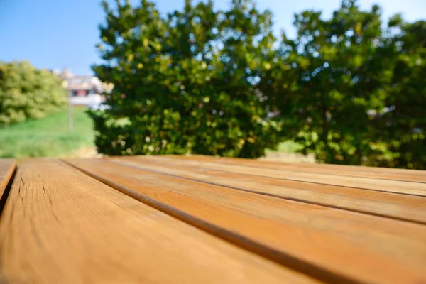 Empty Wooden Picnic Table Park Sunny Day Closeup — Stockfoto