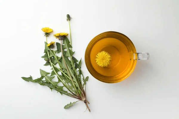 Delicious Fresh Tea Beautiful Dandelion Flowers White Background Top View — Fotografia de Stock