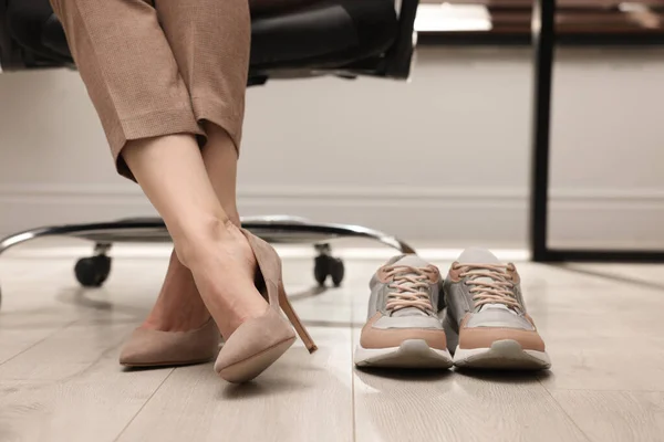Comfortable Sneakers Floor Woman Wearing Stylish High Heeled Shoes Office — Foto de Stock