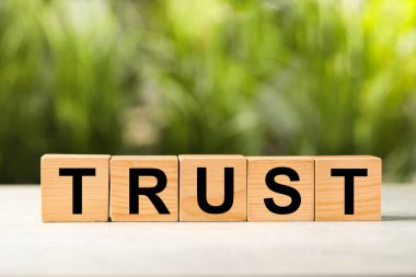 Word Trust beyaz masadaki tahta küplerden yapılmış bulanık arkaplanlara karşı