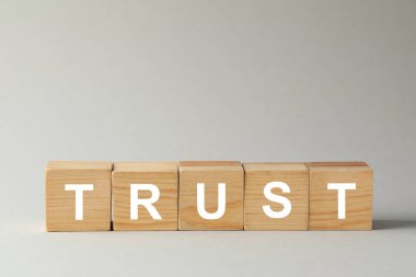 Word Trust gri arkaplandaki ahşap küplerden yapılmış, metin için boşluk