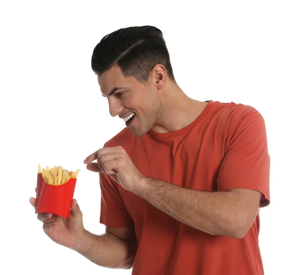 Hombre Con Papas Fritas Sobre Fondo Blanco —  Fotos de Stock