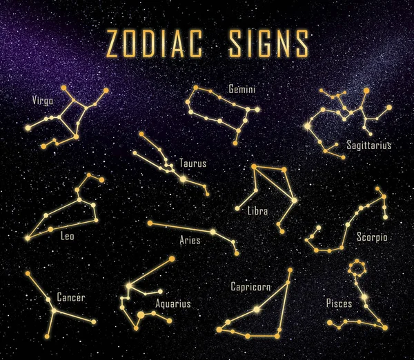 Set Med Zodiac Konstellationer Mot Natthimmel Med Stjärnor — Stockfoto