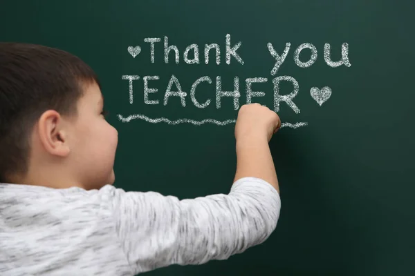 Cute Little Boy Written Phrase Thank You Teacher Green Chalkboard — 图库照片