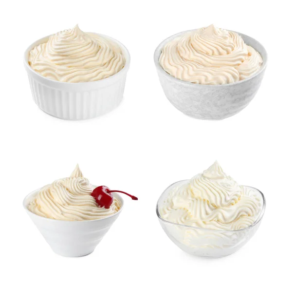Set Delicious Fresh Whipped Cream White Background — Foto de Stock