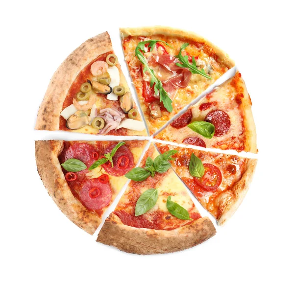 Slices Different Tasty Pizzas White Background Top View — Stock Photo, Image