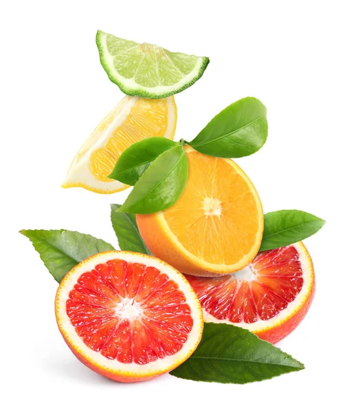 Fresh Juicy Citrus Fruits Green Leaves White Background — Foto de Stock