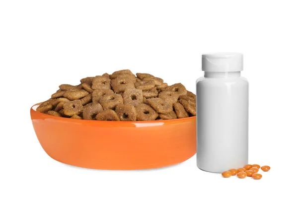 Dry Pet Food Feeding Bowl Bottle Vitamin Pills White Background — Stock Fotó