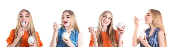 Kolaż Zdjęciami Młodej Pięknej Kobiety Smacznym Jogurtem Białym Tle Projekt — Zdjęcie stockowe