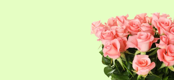 Bouquet Beautiful Pink Roses Light Background Space Text Banner Design — Fotografia de Stock