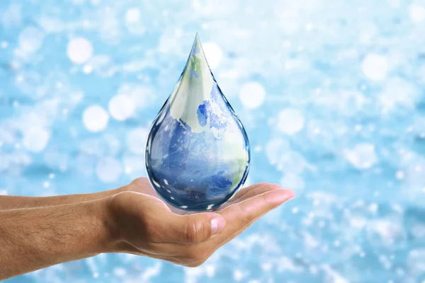 World Water Day Man Holding Icon Drop Earth Image Blurred — Fotografia de Stock