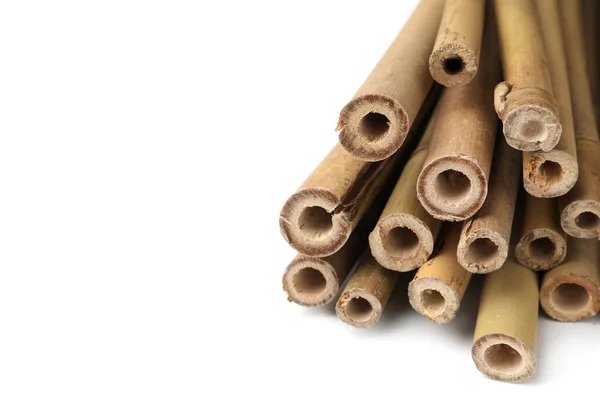 Pile Dry Bamboo Sticks White Background Closeup —  Fotos de Stock