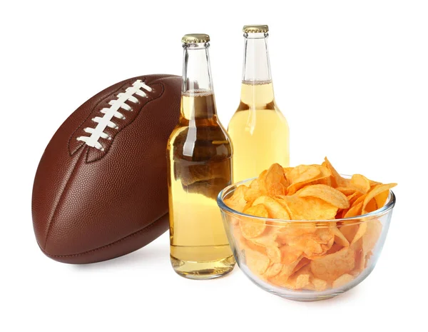 American Football Ball Beer Chips White Background — ストック写真
