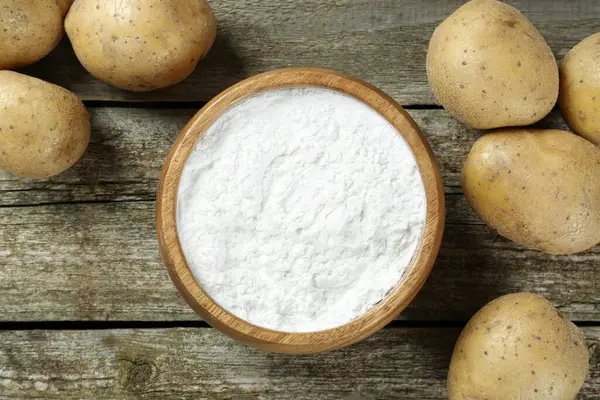 Bowl Starch Fresh Potatoes Wooden Table Flat Lay — Stock Photo, Image