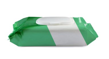 Islak mendil kesesi, beyaz üzerine plastik kapaklı.