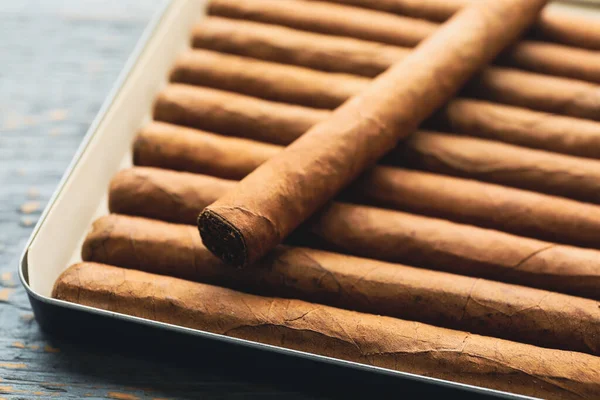 Many Cigars Box Grey Wooden Table Closeup — Stock Photo, Image