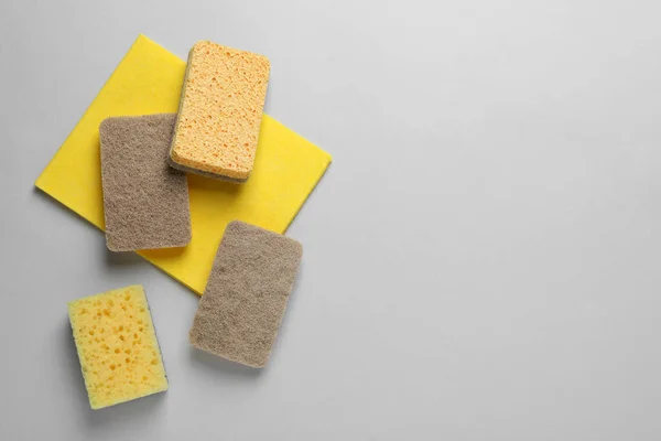New Sponges Rag Light Grey Background Flat Lay Space Text — Stock Photo, Image